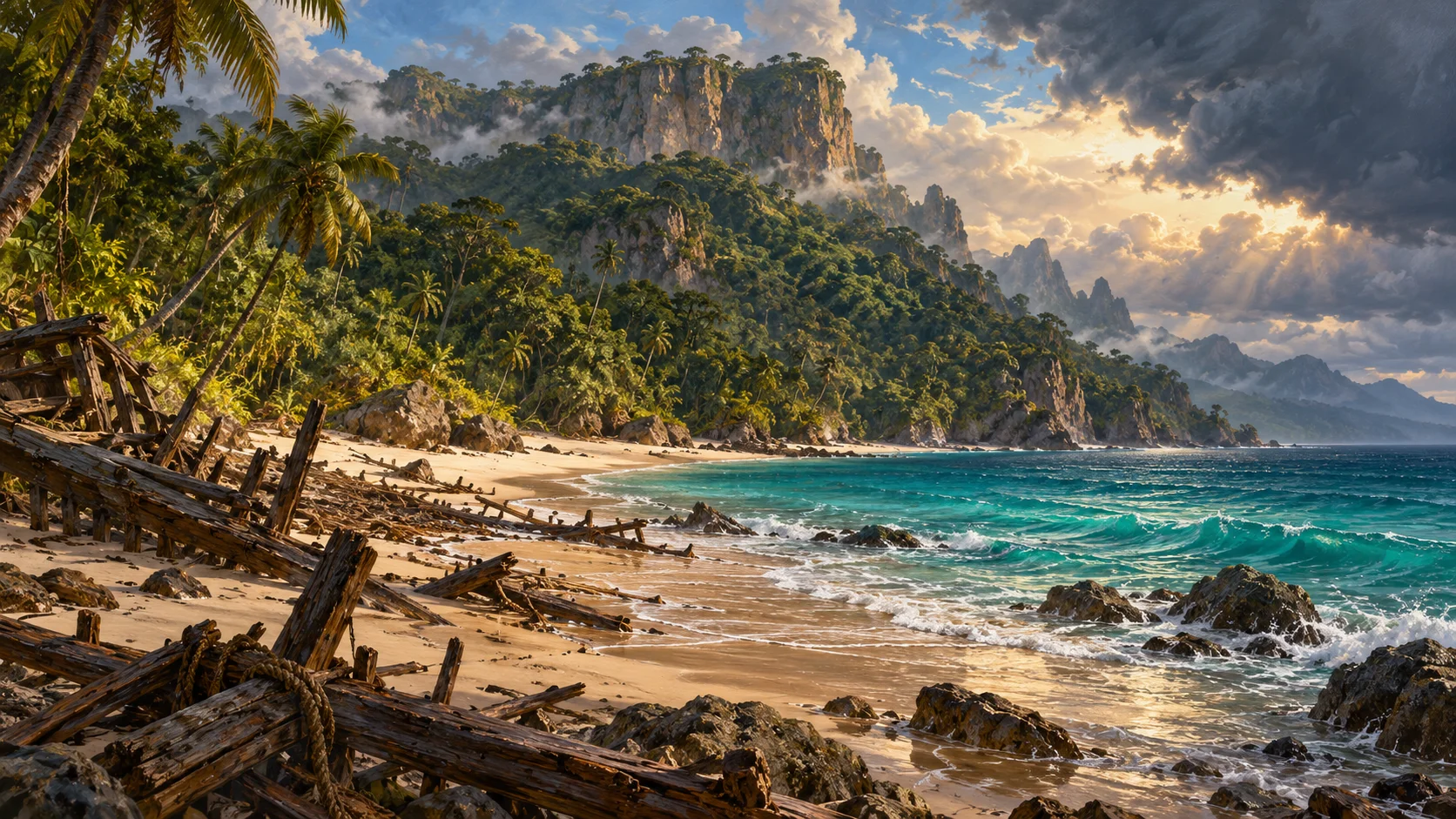 Des débris de navire sur une plage tropicale dominée par un plateau couvert de jungle, sous une éclaircie après la tempête.