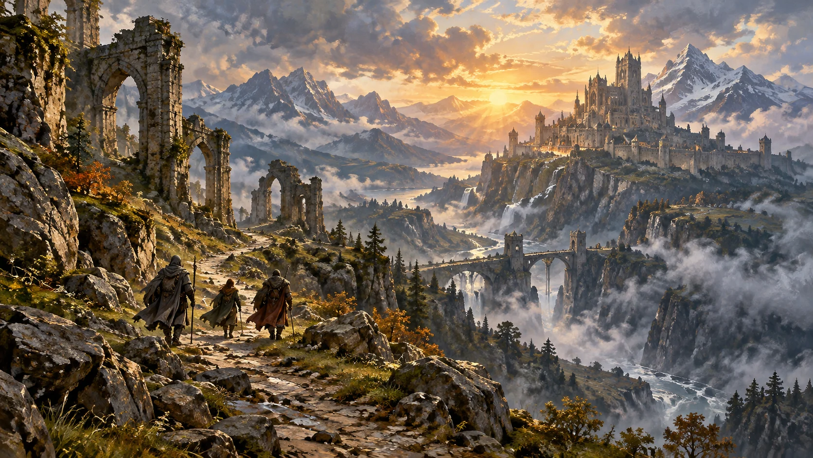 Travelers follow a mountain trail toward a mist-shrouded citadel at dawn.